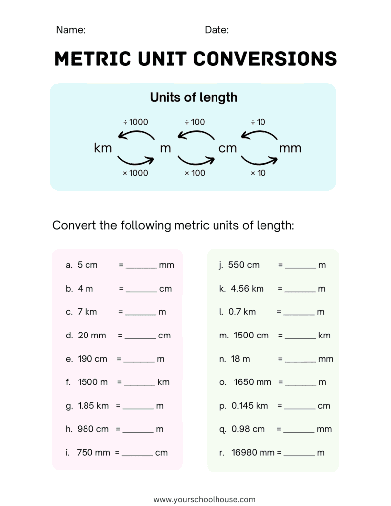 image of Free Printable PDF Blue Metric Unit Conversions Units of Length Worksheet with Answers