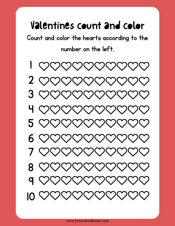 image of Free Printable PDF Worksheet Red Fun Valentine's Day Count and Color