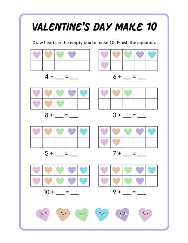 image of Valentine's Day Themed Free Printable PDF Worksheet 10 Frame Addition