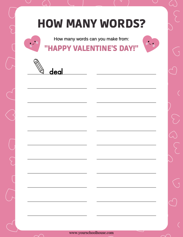 image of Free Printable PDF Worksheet White Pink Lovely Valentine How Many Words