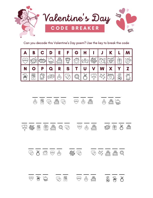 image of Free Printable PDF White Red Valentine's Day Code Breaker Worksheet