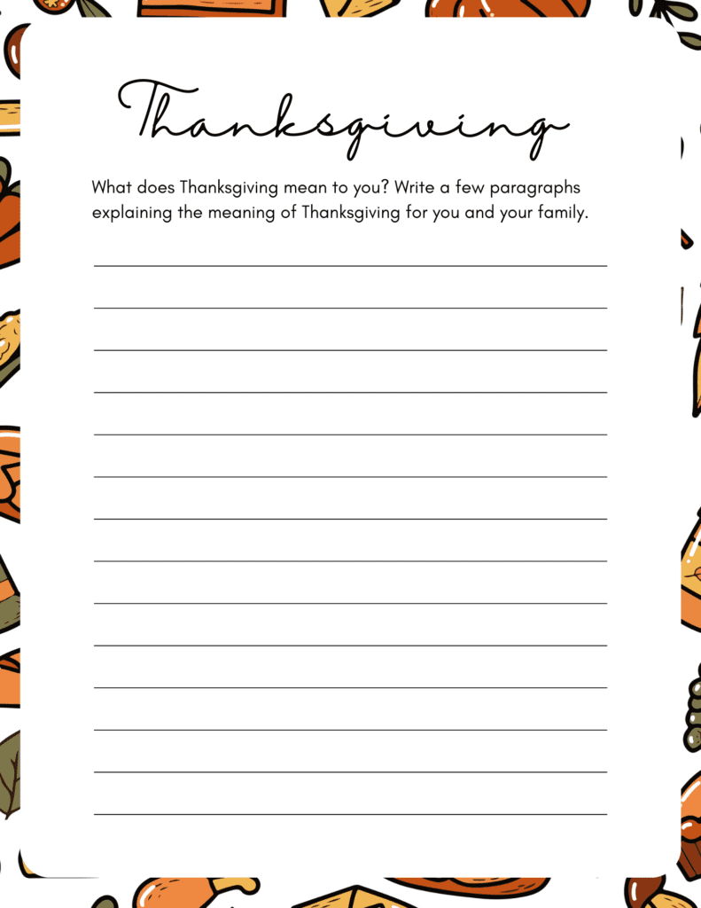 Free Thanksgiving PDF Writing Template Page with Writing Prompt