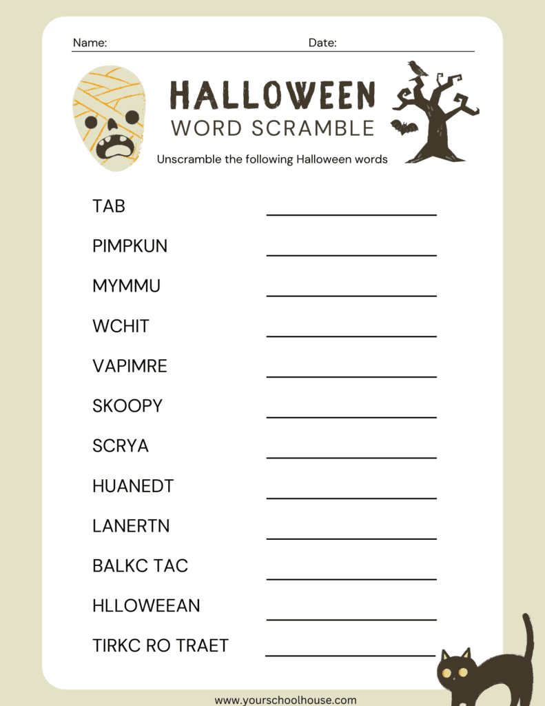 Image of Free Printable PDF of Halloween Themed Word Scramble Worksheet