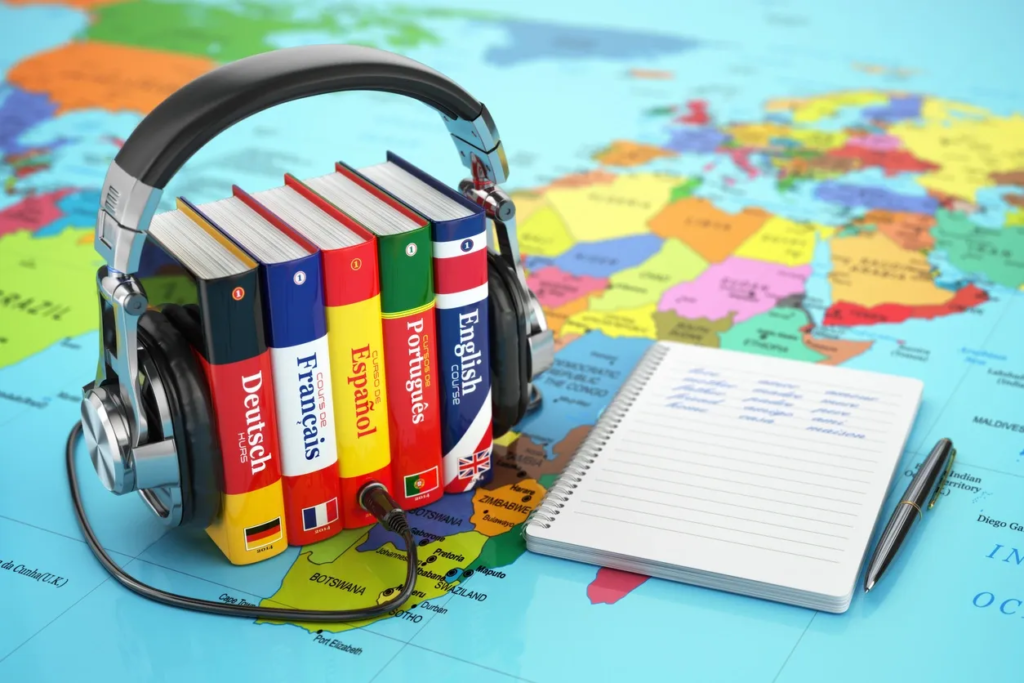 Foreign Language Books on a Map of the World Held Together with a Ear Phones