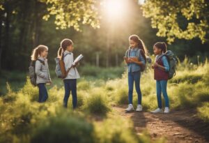 Four Girls in Nature Carrying Backpacks Looking at Books