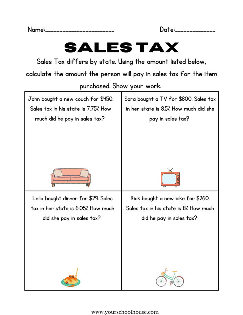 Sales Tax Math Multiplication worksheet