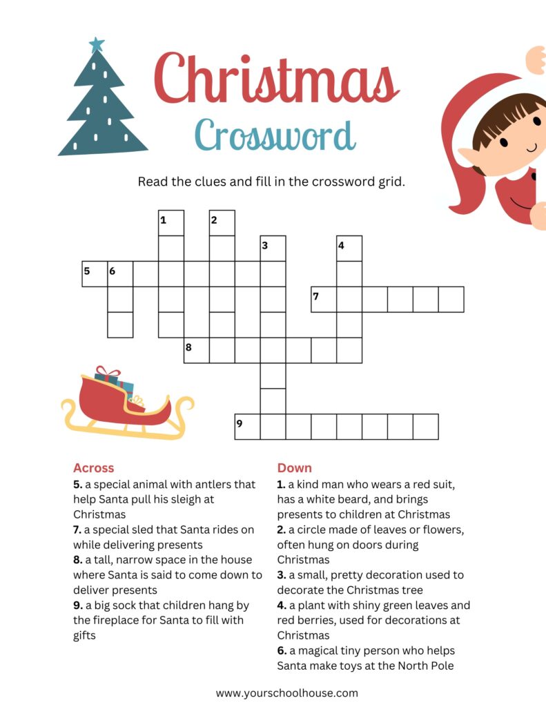 Christmas Crossword Puzzle Worksheet in Turquoise Red Festive Style